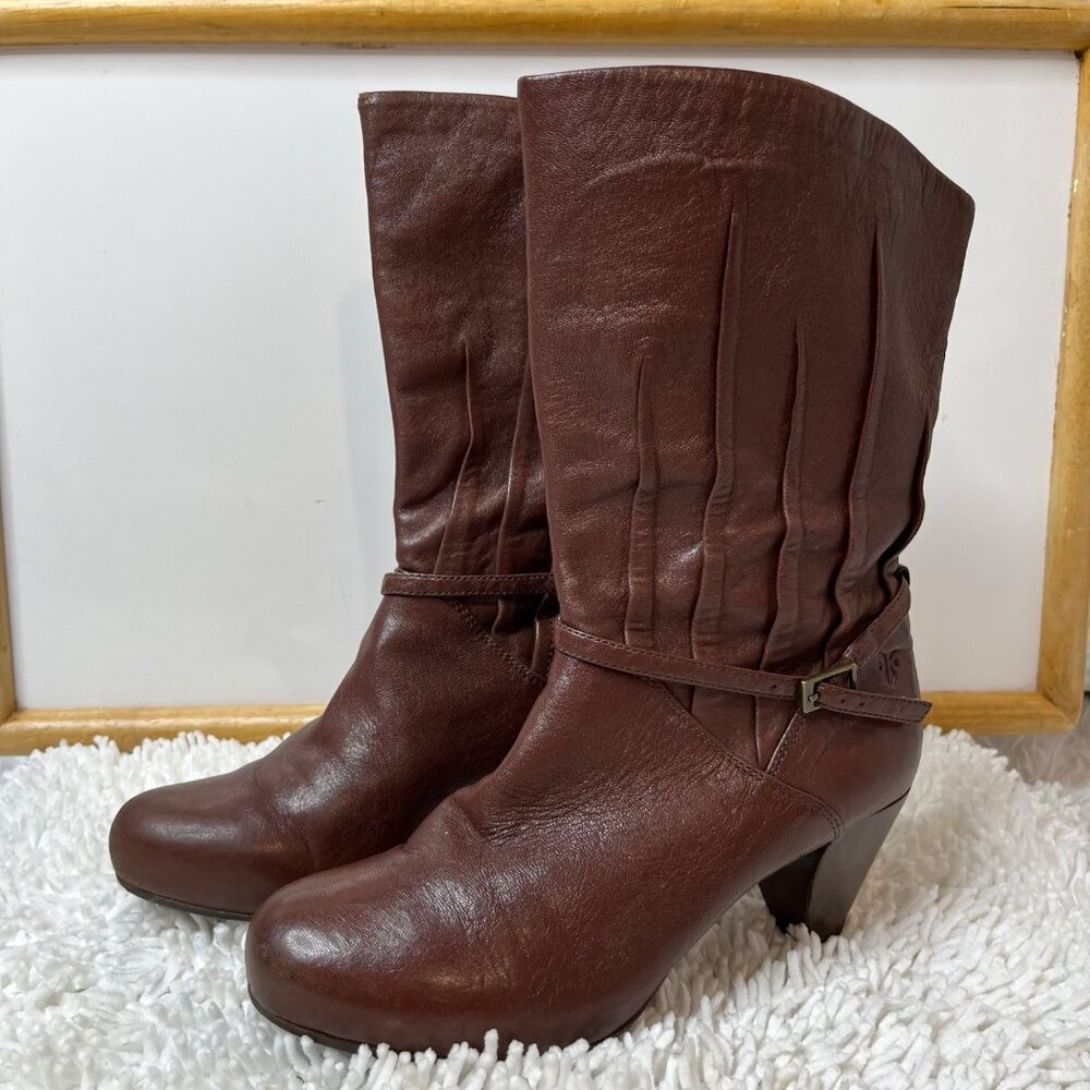 Frye Lisa Slouchy Pleated Pull On Leather Heeled Boots Mid Calf Brown Size‎ 6